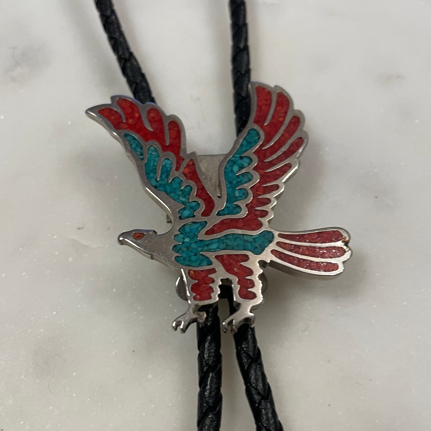 Turquoise & Coral Chip Eagle Bolo