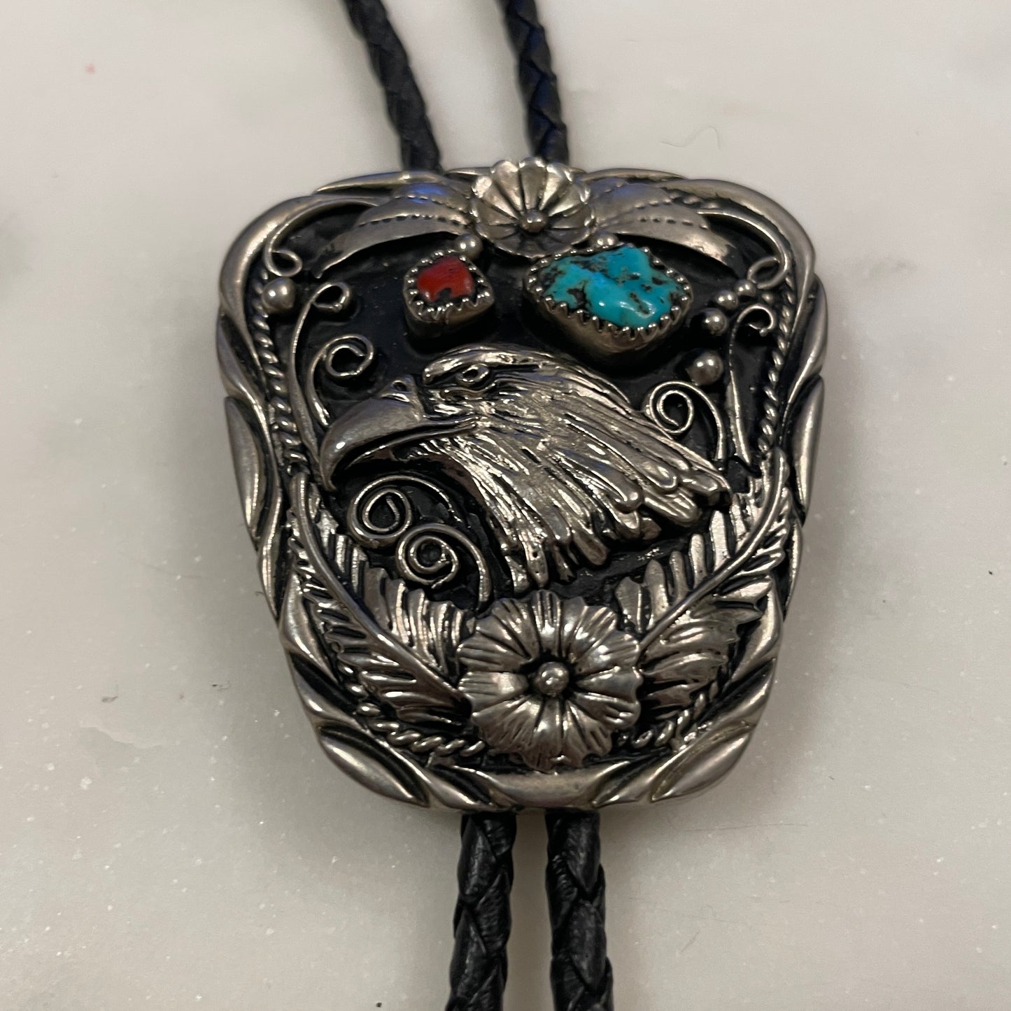 Turquoise & Coral Eagle Head Bolo
