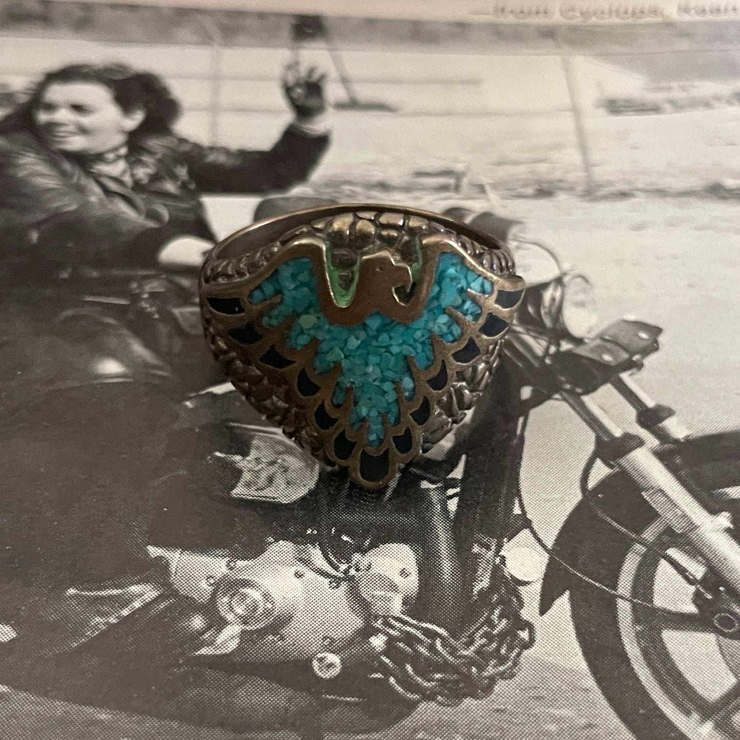 G&S Crushed Turquoise Eagle Brass Ring [Size 10.5]