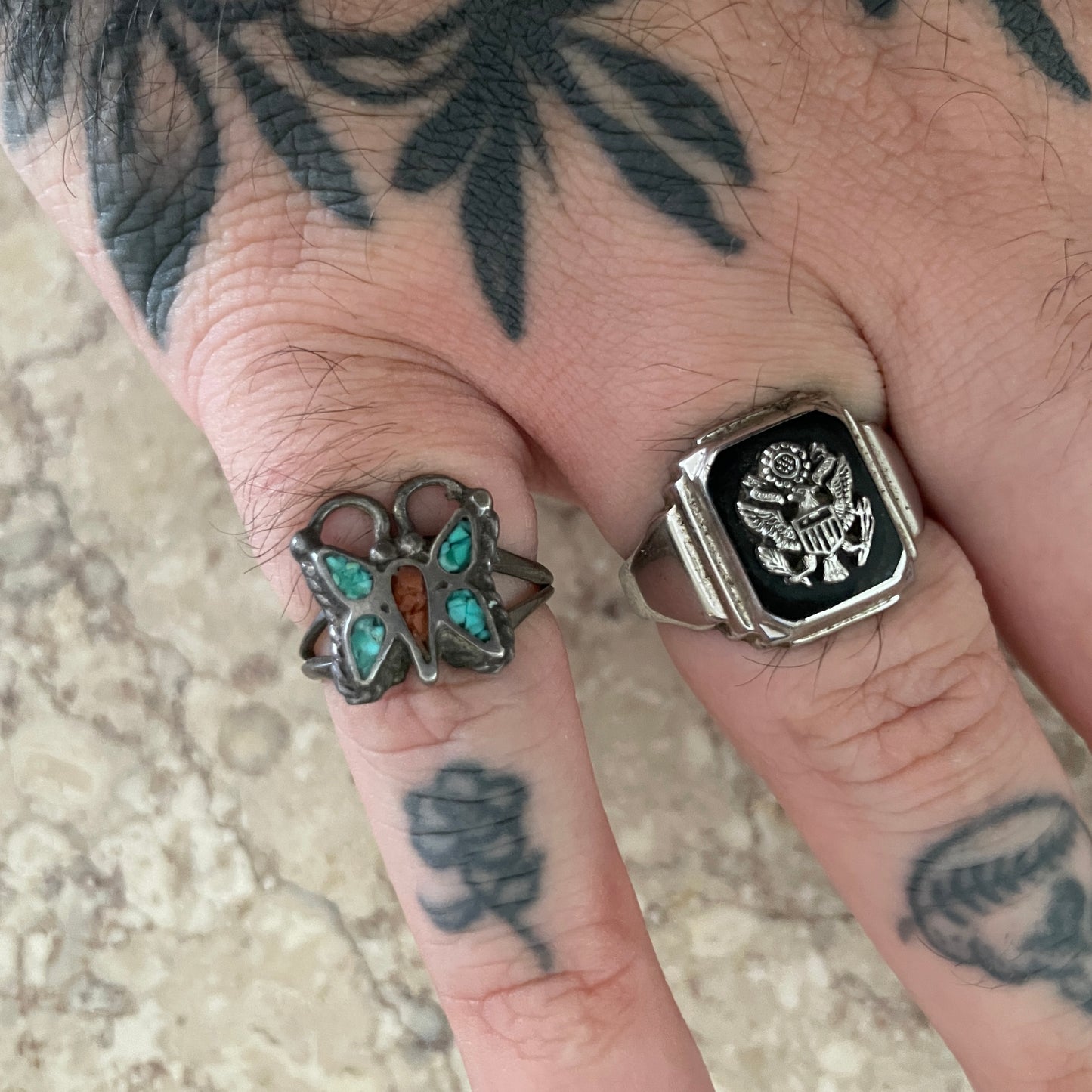Crushed Turquoise & Coral Butterfly Ring [Size 6]