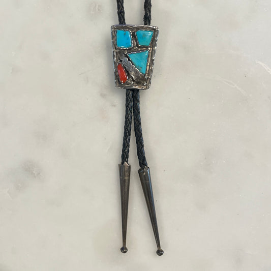 Southwest Turquoise & Coral Sterling Bolo