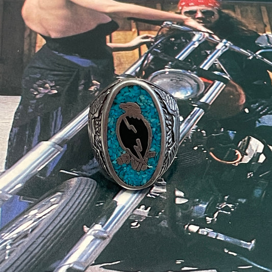 G&S Crushed Turquoise & Onyx Perched Eagle Ring [Size 7.75]