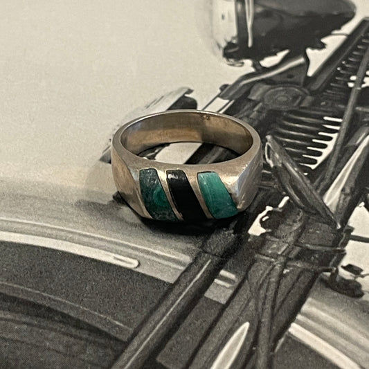 Sterling Turquoise Onyx + Malachite Ring [Size 8]
