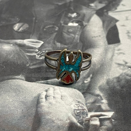 Crushed Turquoise + Coral Bird Ring [Size 7.75]