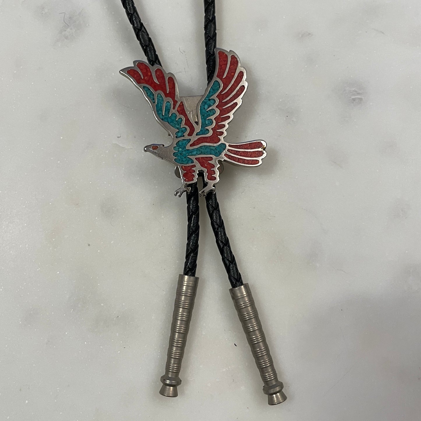 Turquoise & Coral Chip Eagle Bolo