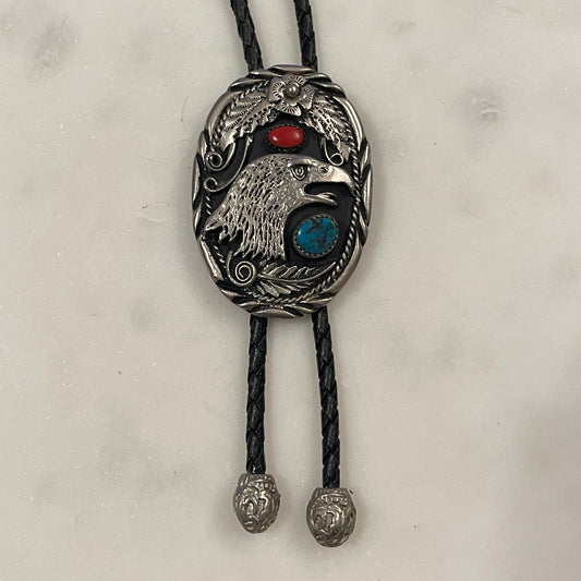 Turquoise & Coral Eagle Head Bolo