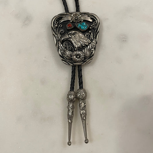 Turquoise & Coral Eagle Head Bolo