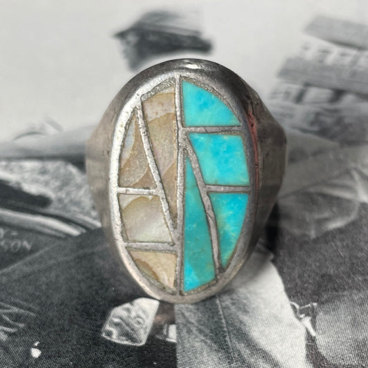 Turquoise & Mother of Pearl Sterling Silver Mosaic Ring [Size 10]