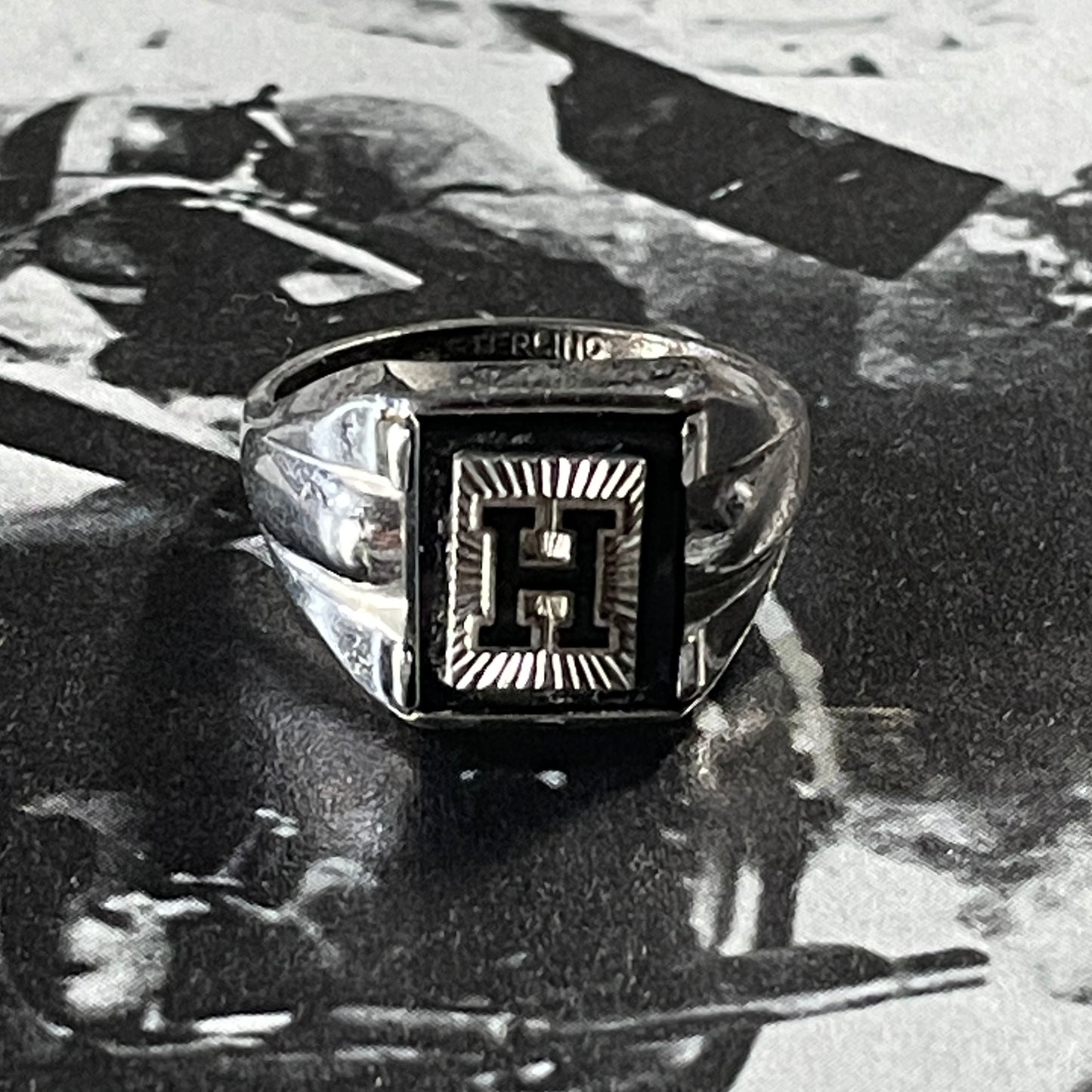 Deco Onyx "H" Ring [Size 8.75]